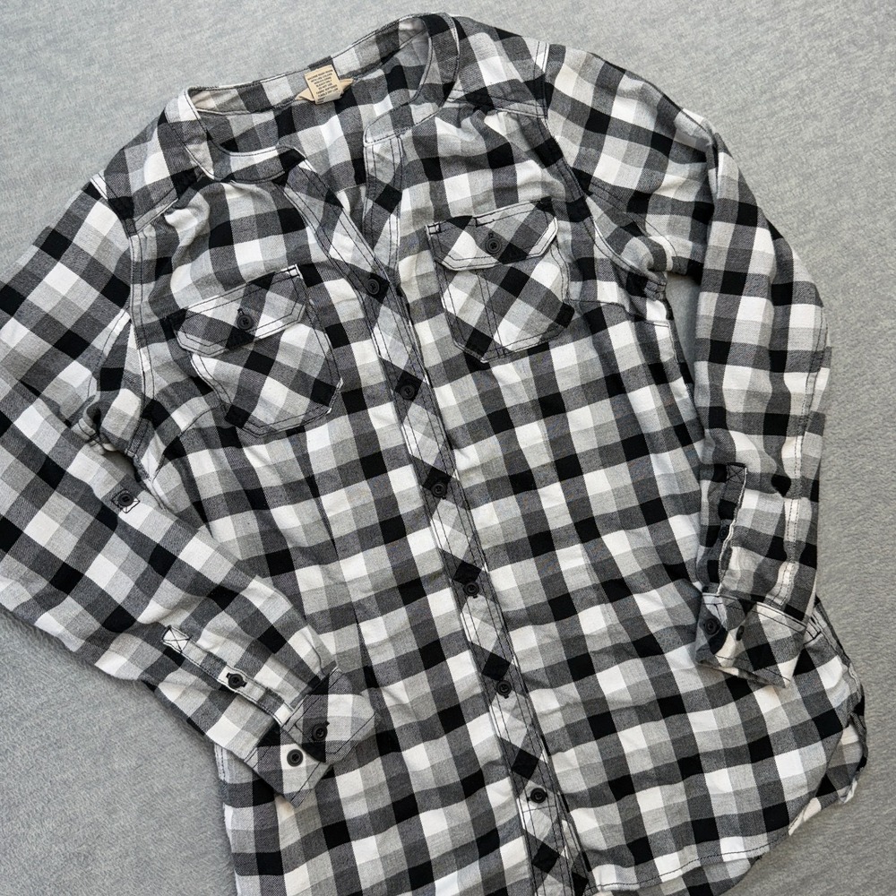 Duluth Shirt Womens Medium Gray Plaid Crosscut Flannel Tunic Pockets Roll‎ Tab